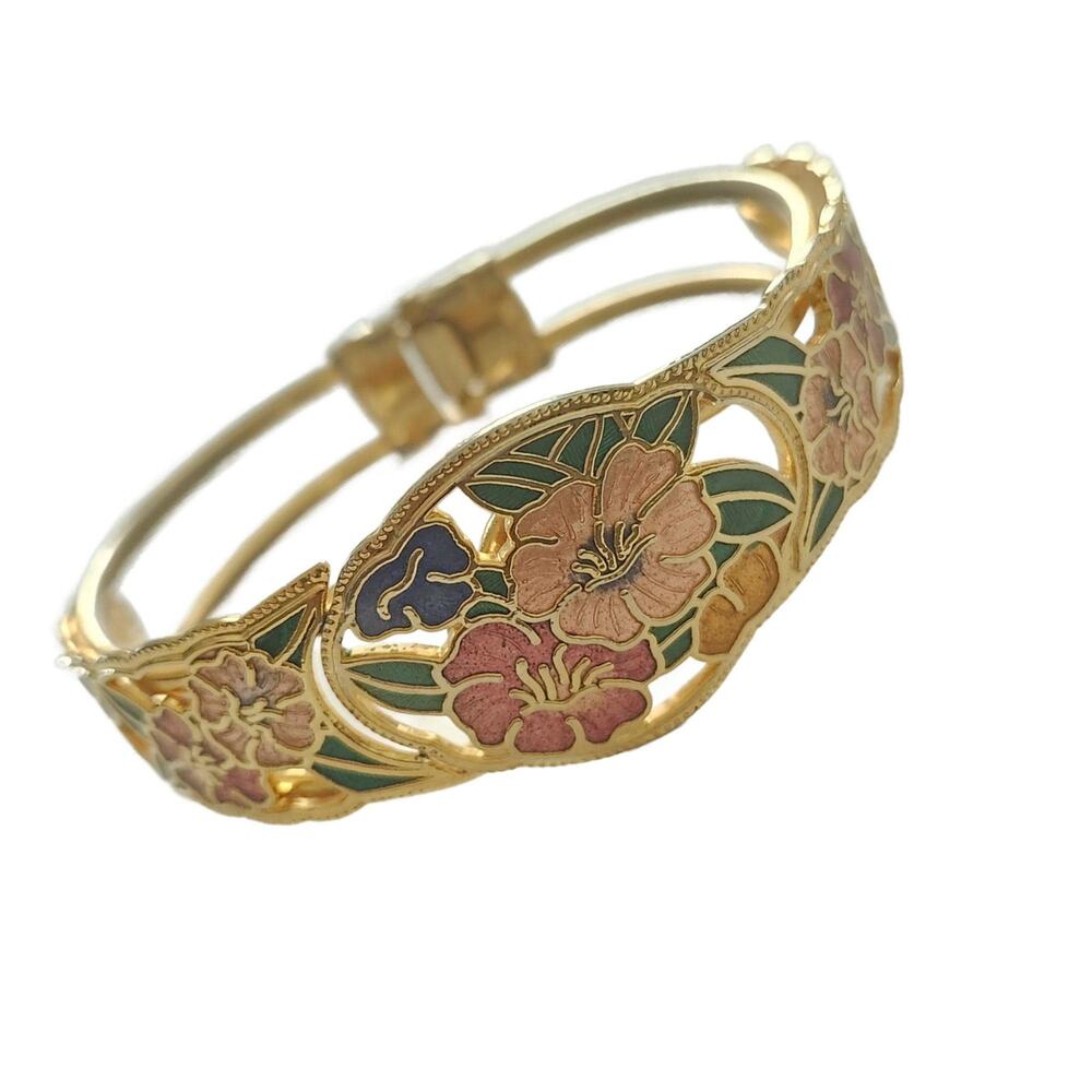 Vintage Floral Enamel Cloisonne Hinged Bangle Bracelet